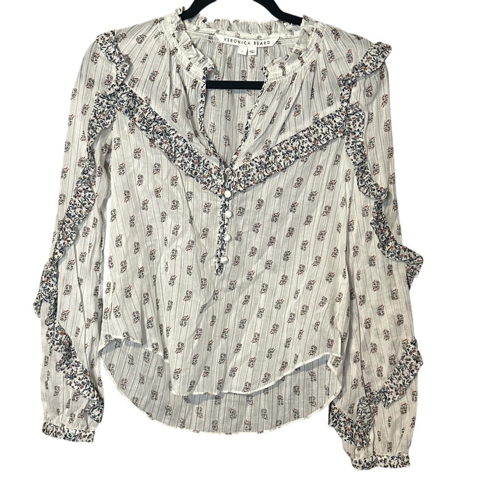 Veronica Beard Size 0 Abra Blouse Cotton Floral Print Pattern Ruffle Long Sleeve